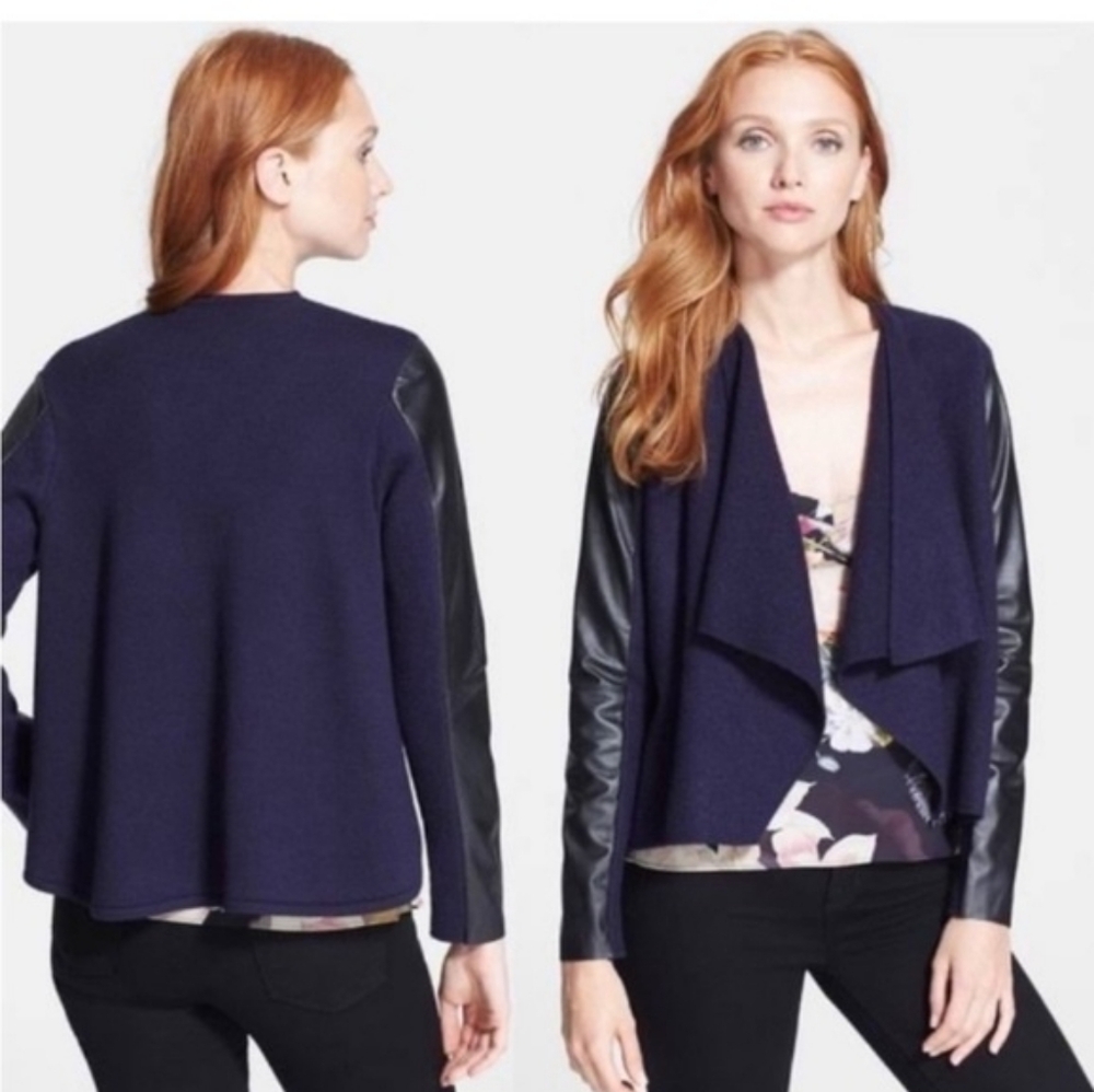 Ted Baker Gateon Navy Wool And Black Leather Waterfall Cardigan Sweater Sz 2 (6)